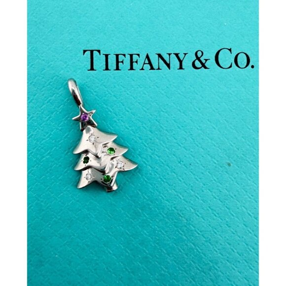 Tiffany & Co. 18k Christmas Tree Charm White Gold w/Sapphire Diamond Tsavorite - Picture 4 of 8